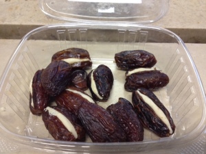 Medjool dates stuffed with marzipan. Originally from the Middle East, today all descend from offshoots brought to Cali in the 1930s. Eaten in Indio.